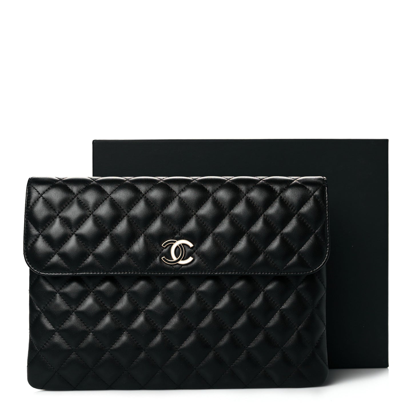Lambskin Enamel Quilted Document Portfolio Holder Black