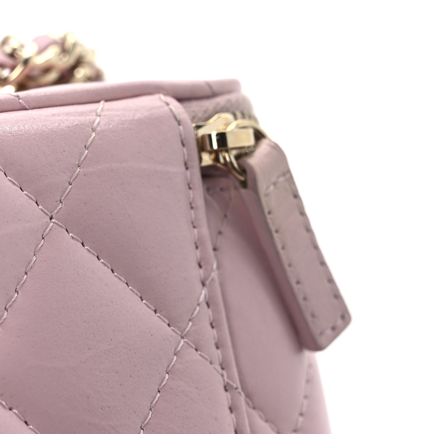 Shiny Lambskin Quilted Top Handle Vanity Case With Chain Pink