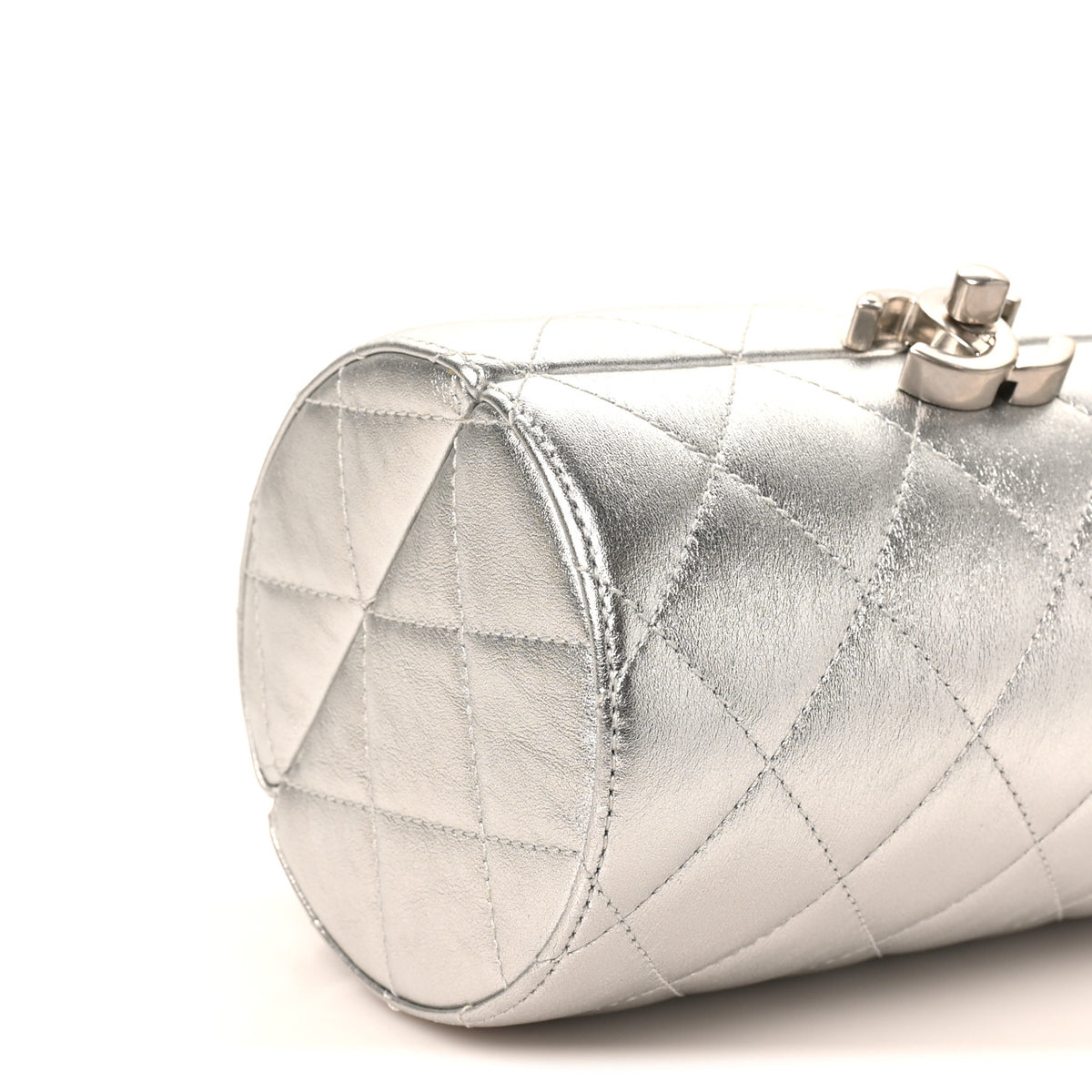 Metallic Lambskin Quilted Barrel Crossbody Bag Silver