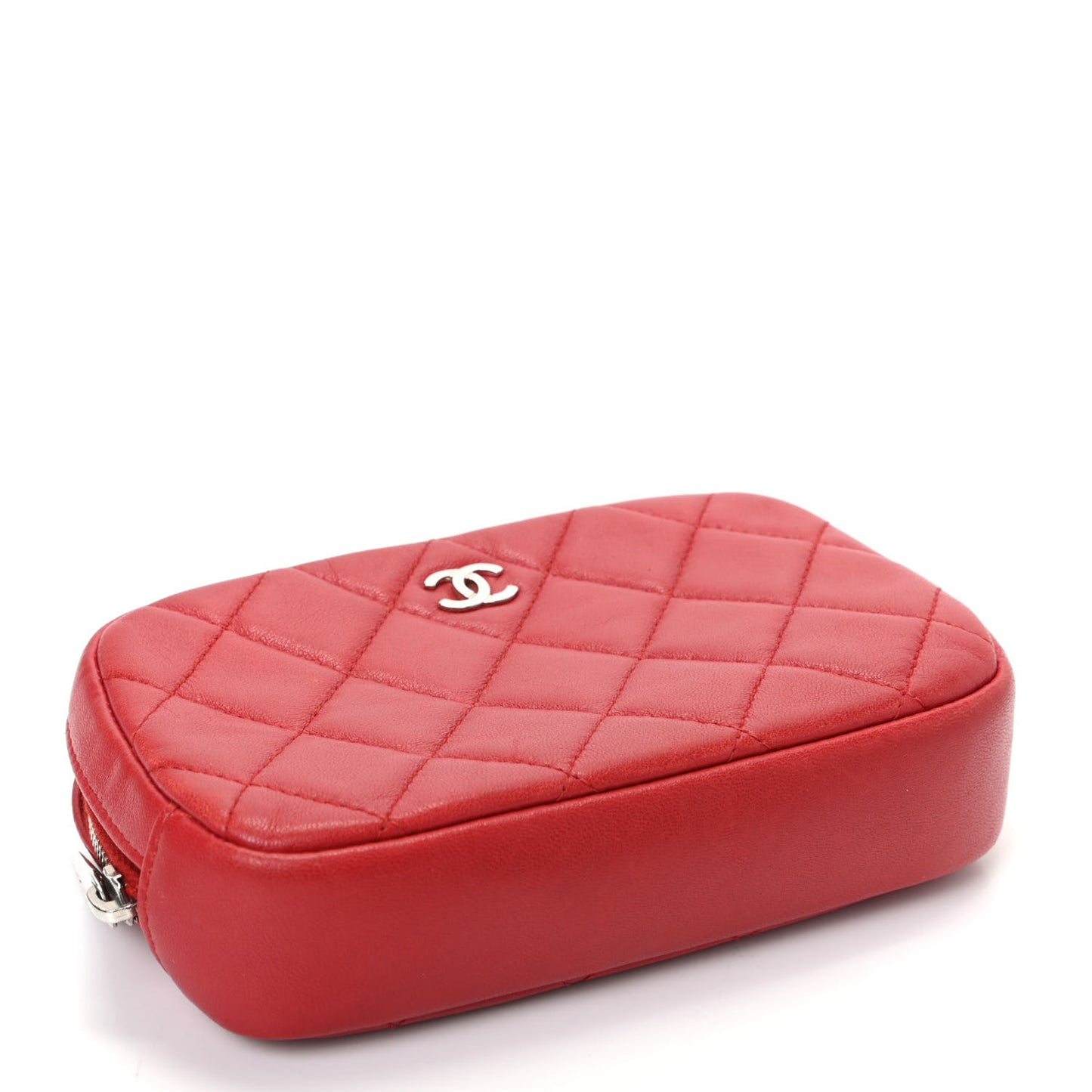 Lambskin Quilted Small Curvy Pouch Cosmetic Case Red