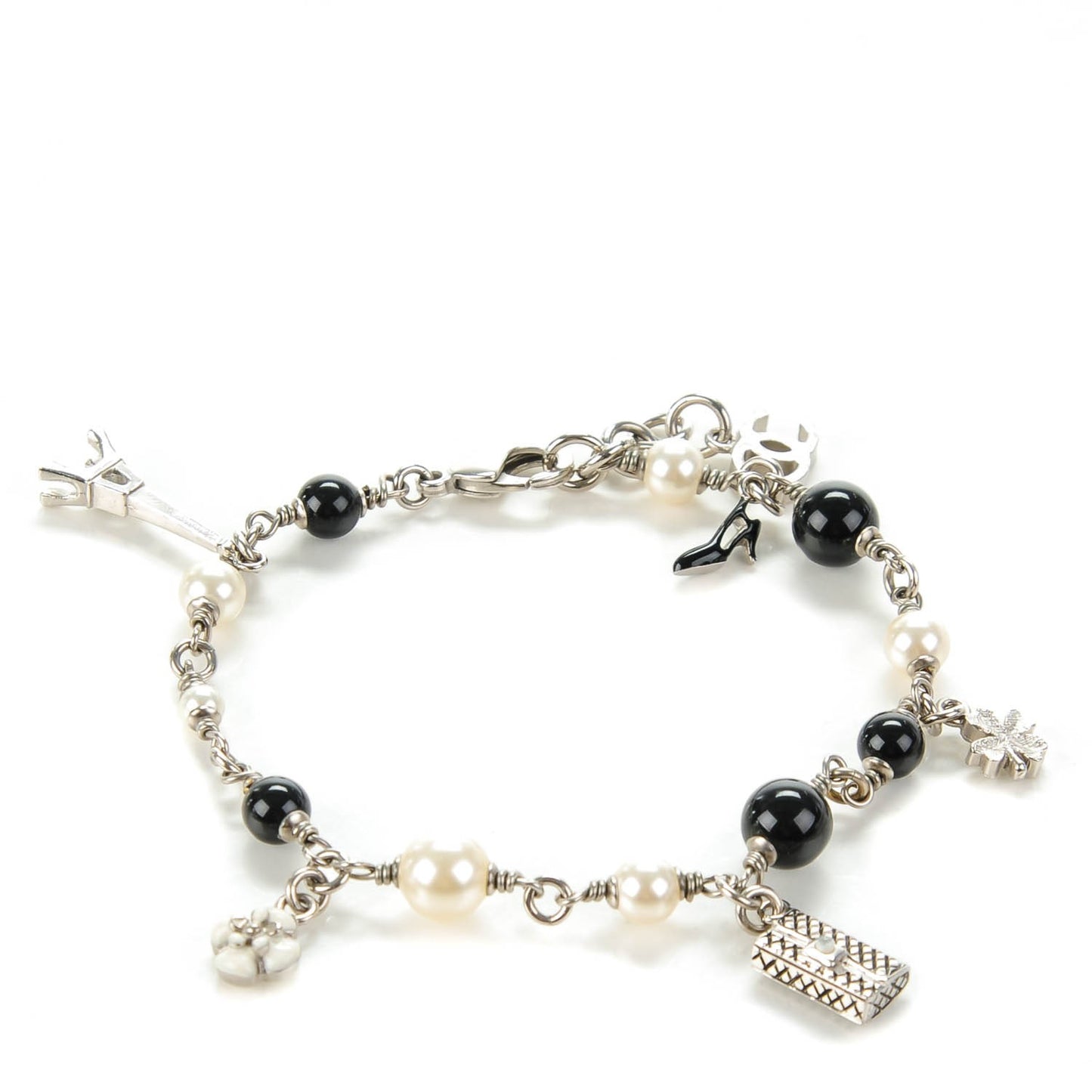 Pearl Beaded Charm Bracelet Silver