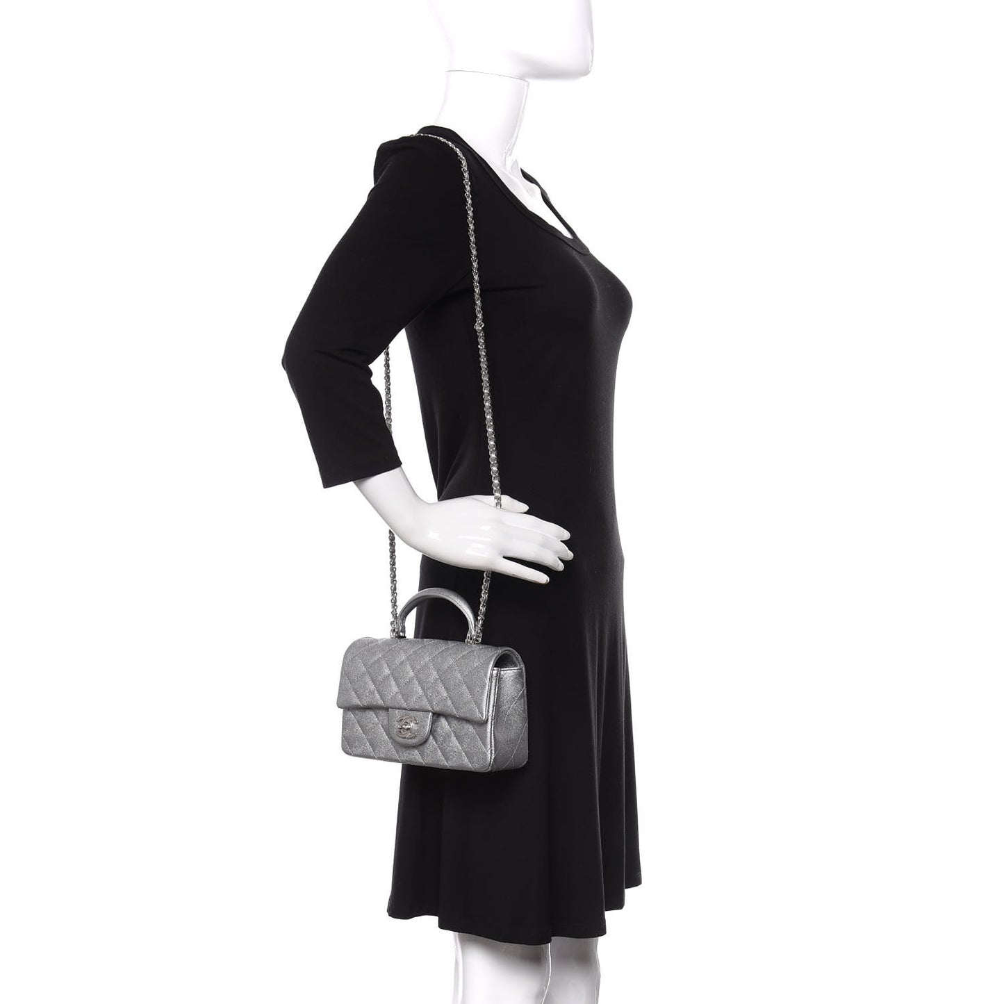 Metallic Caviar Quilted Mini Top Handle Rectangular Flap Silver