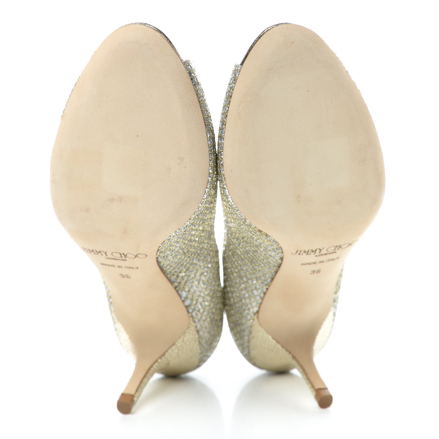 Jimmy Choo Glitter Fabric Evelyn Peep Toe Pumps 36 Champagne 7 of 9