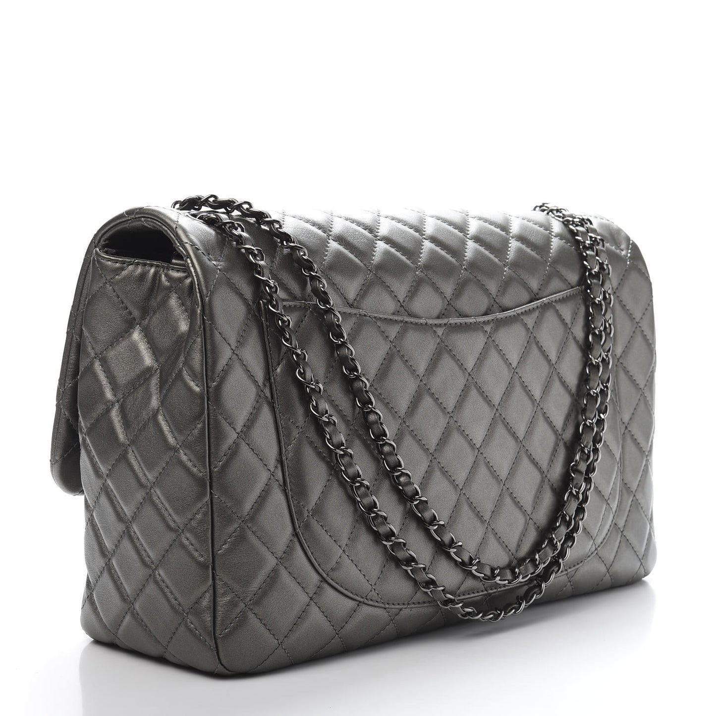 Metallic Calfskin Quilted Small XXL Travel Flap Bag Dark Silver