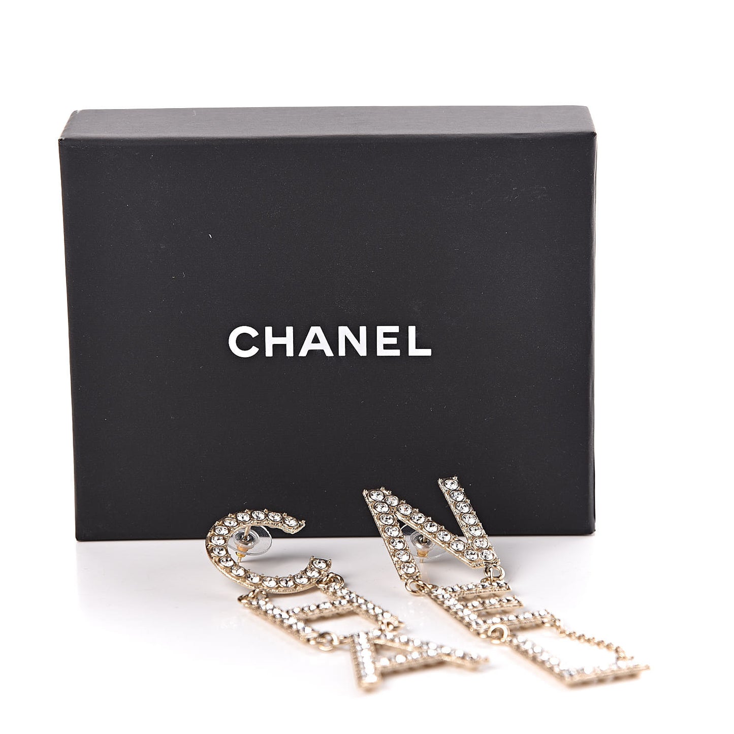 Crystal Cha-Nel Logo Drop Earrings Gold