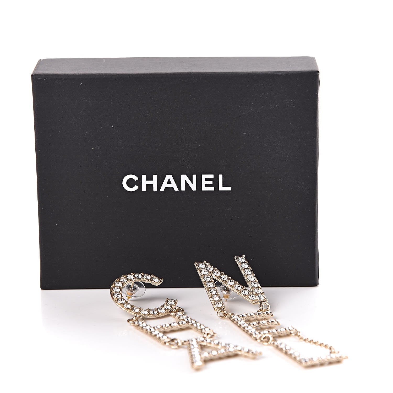 Chanel Crystal Cha-Nel Logo Drop Earrings Gold 5 of 5
