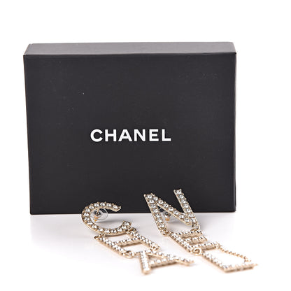 Chanel Crystal Cha-Nel Logo Drop Earrings Gold 5 of 5