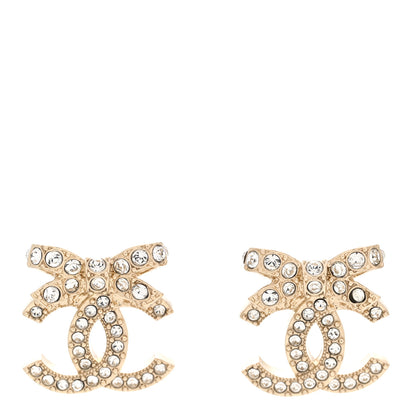 Chanel Crystal CC Bow Dangle Earrings Gold 1 of 6