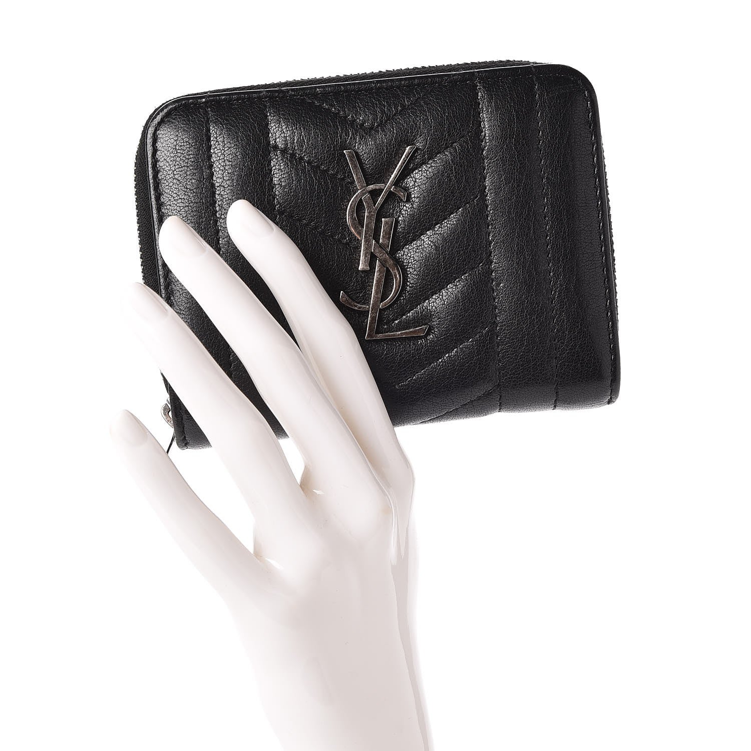 Saint Laurent Lambskin Matelasse Chevron Monogram Compact Wallet Black 2 of 7