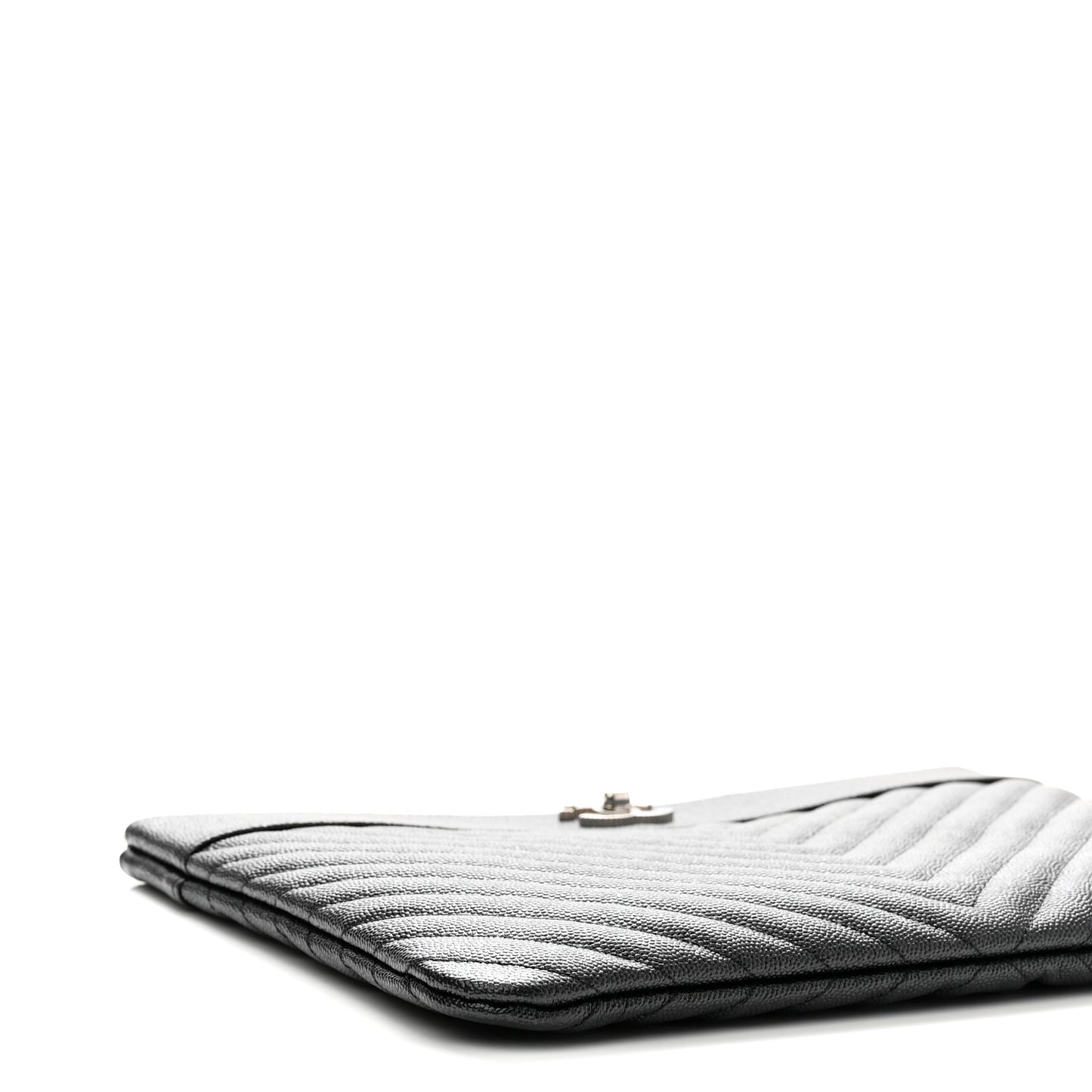 Metallic Caviar Chevron Quilted Vintage Mademoiselle Large Zip Pouch Charcoal