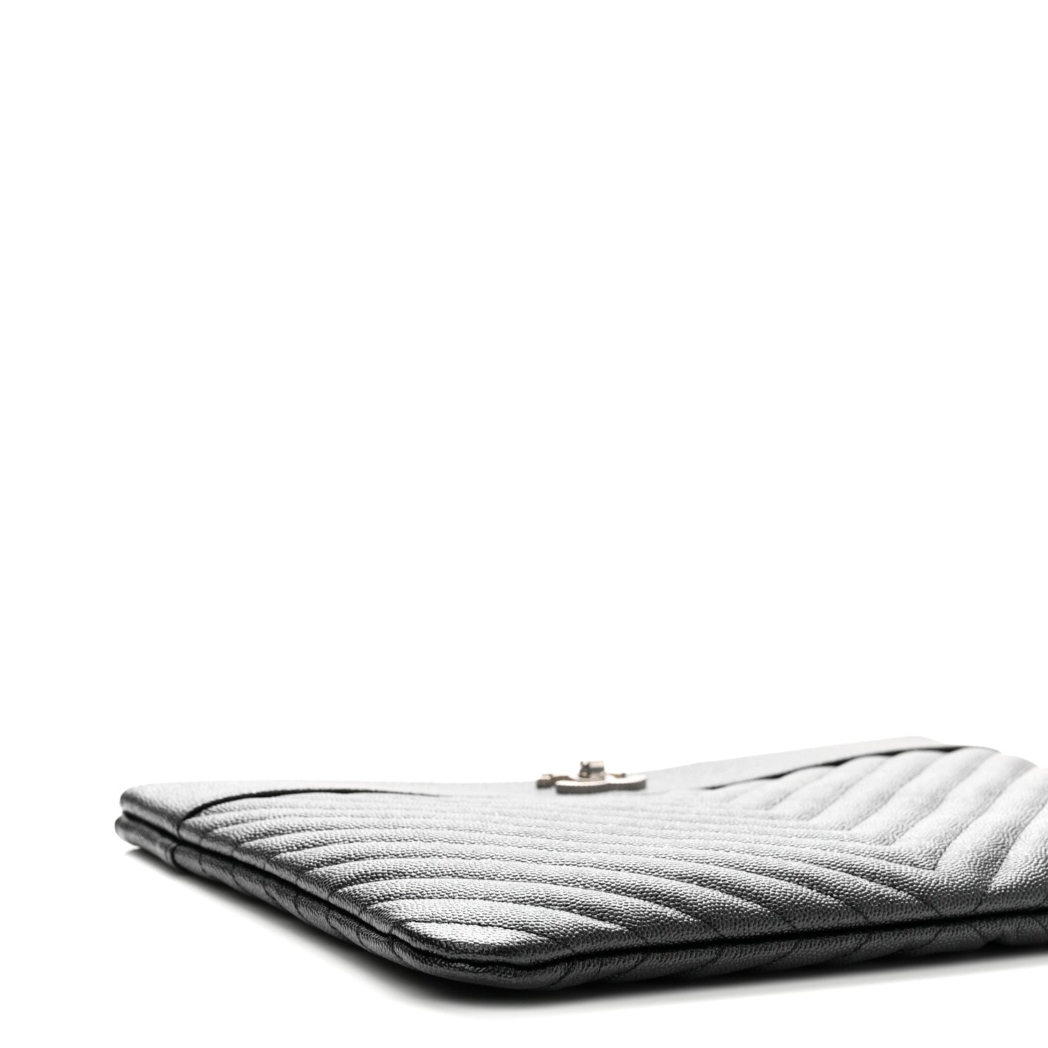 Chanel Metallic Caviar Chevron Quilted Vintage Mademoiselle Large Zip Pouch Charcoal 4 of 8