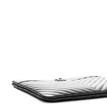 Chanel Metallic Caviar Chevron Quilted Vintage Mademoiselle Large Zip Pouch Charcoal 4 of 8