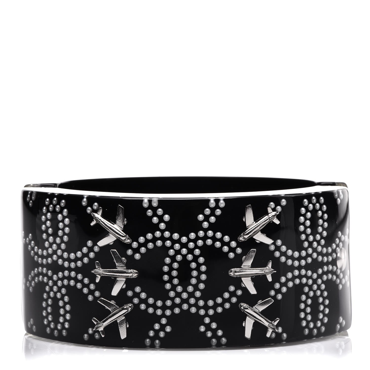 Chanel Resin Pearl Airplane Cuff Bangle Bracelet Black 7 of 8