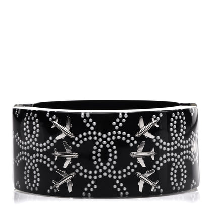 Chanel Resin Pearl Airplane Cuff Bangle Bracelet Black 7 of 8