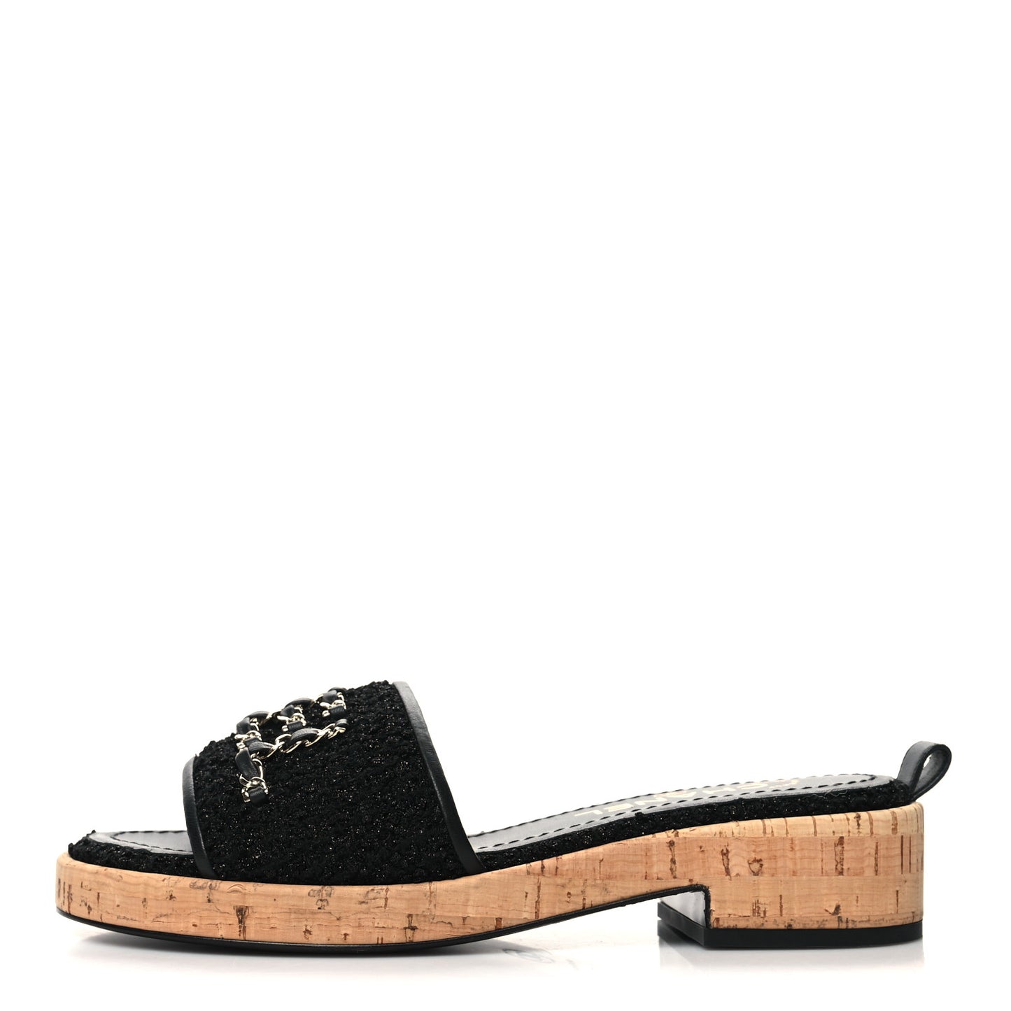 Tweed Cork CC Chain Mule Sandal 37 Black