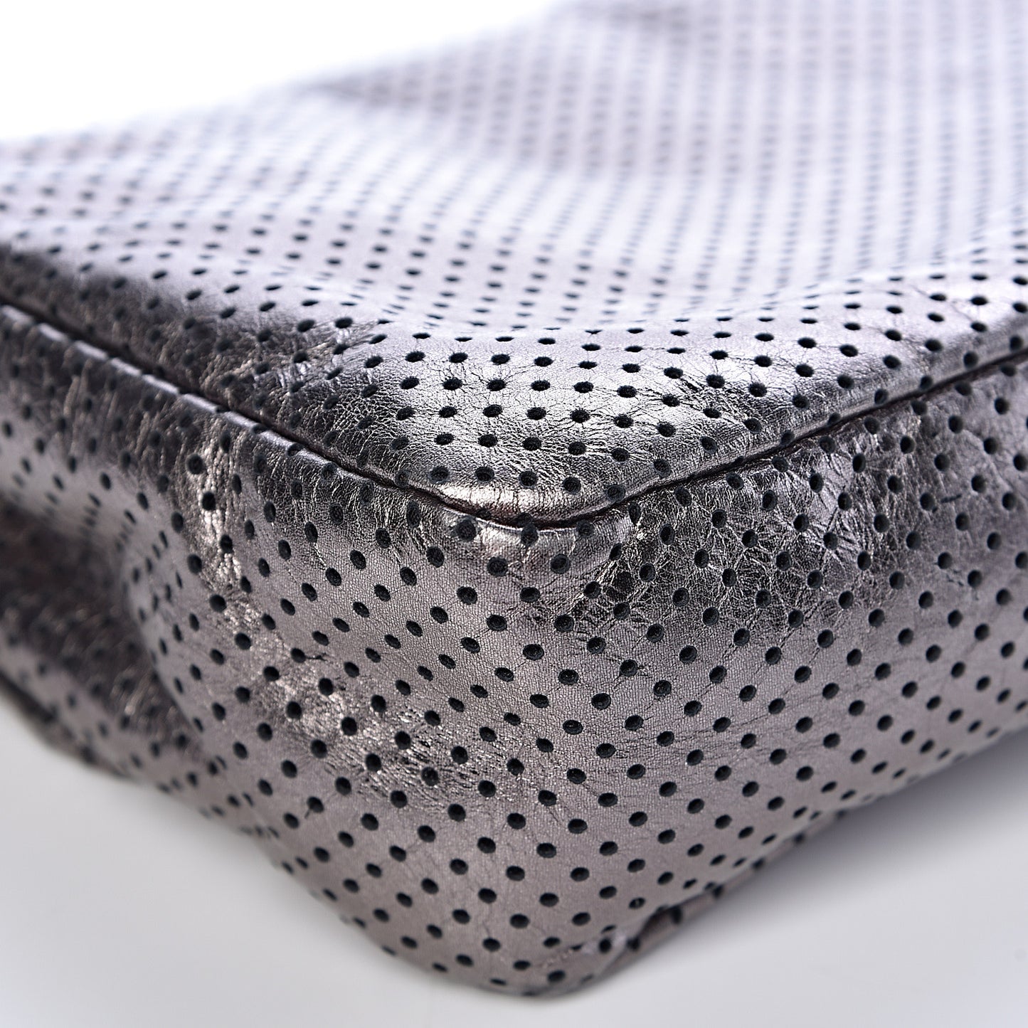 Metallic Crackled Calfskin Perforated Drill Flap Silver