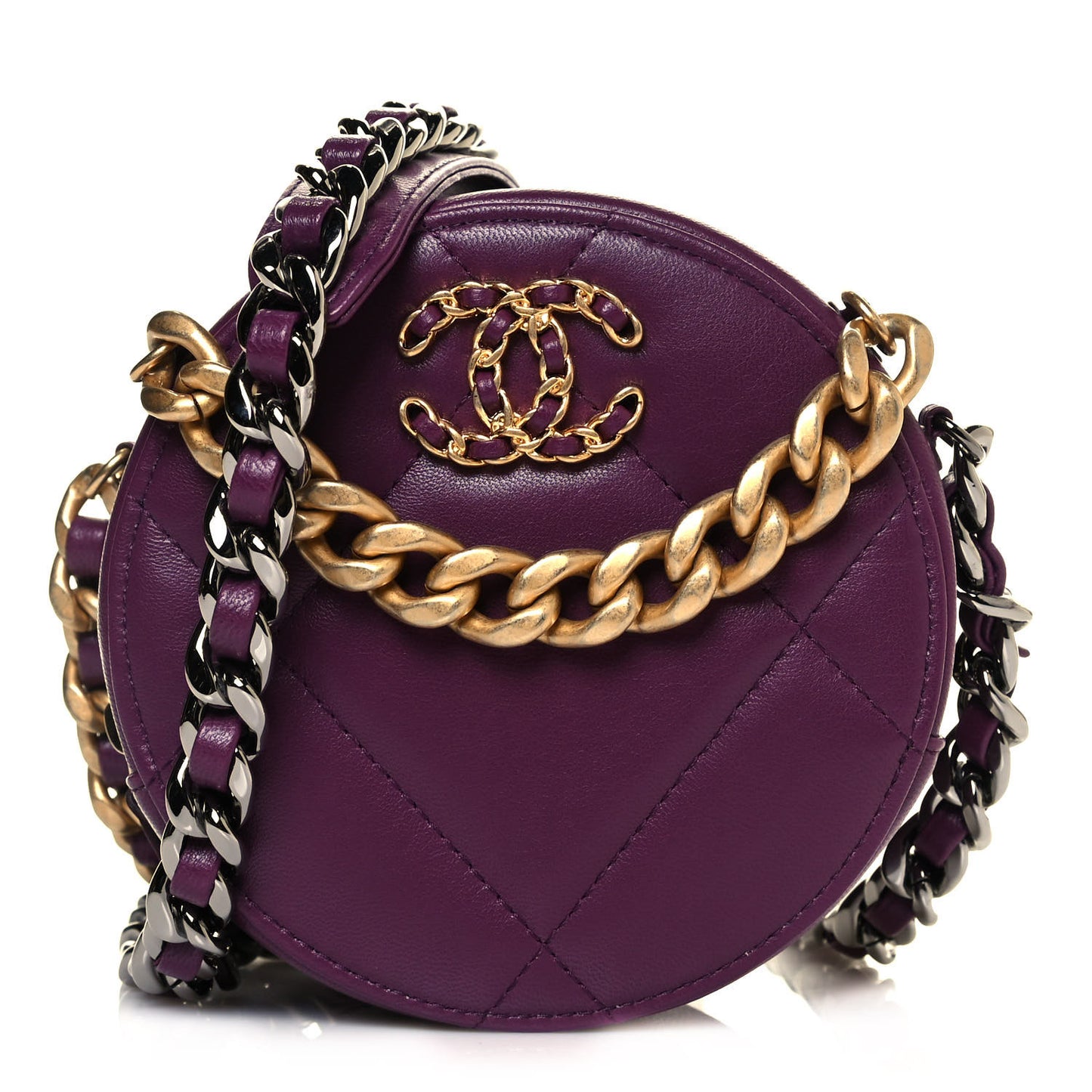 Goatskin Quilted Chanel 19 Round Clutch With Chain Purple