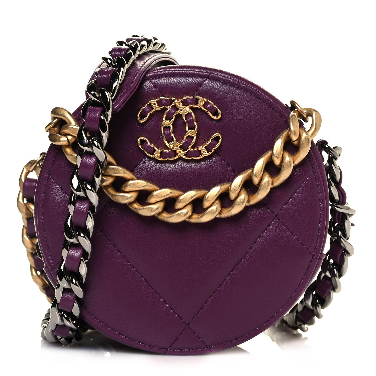 Chanel Goatskin Quilted Chanel 19 Round Clutch With Chain Purple 1 of 10