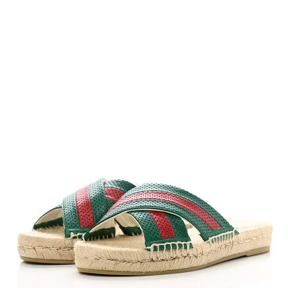 Gucci Malaga Kid Perforated Criss Cross Espadrille Slide Sandals 38 Emerald Hibiscus Red 3 of 10