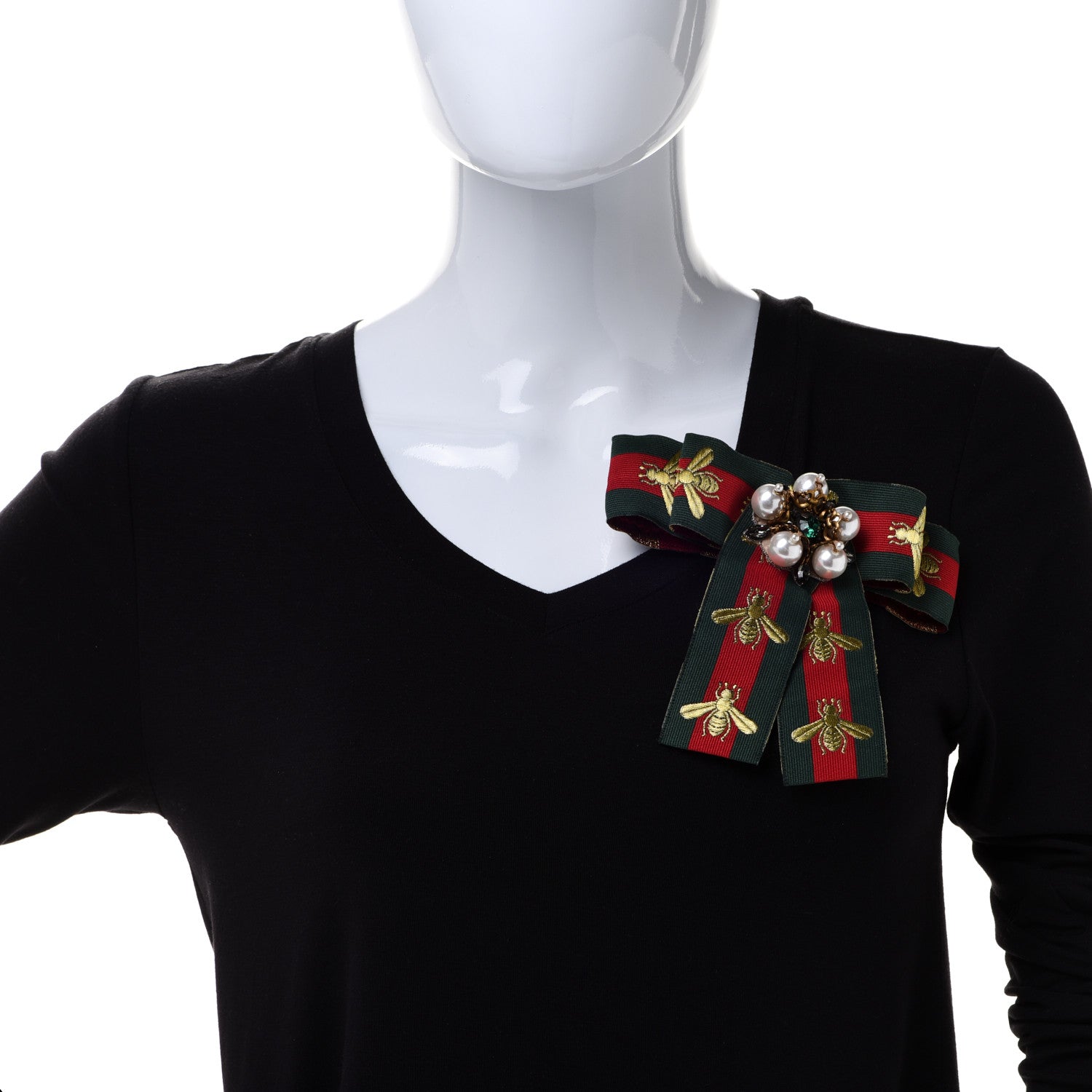 Gucci Ribbon Web Bow Bee Pearl Brooch Red Green 2 of 4