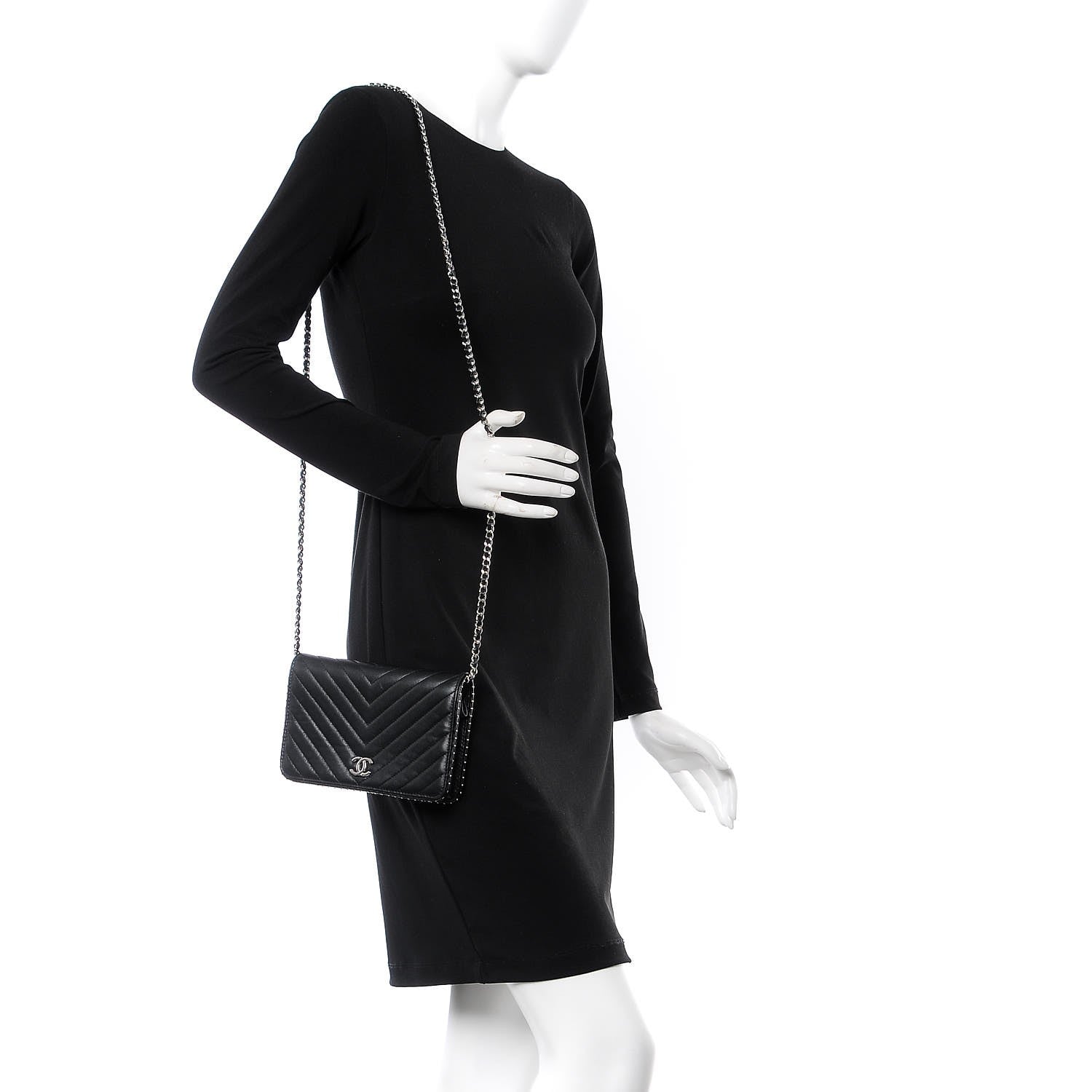 Chanel Lambskin Chevron Quilted Studded Wallet On Chain WOC Black 2 of 13