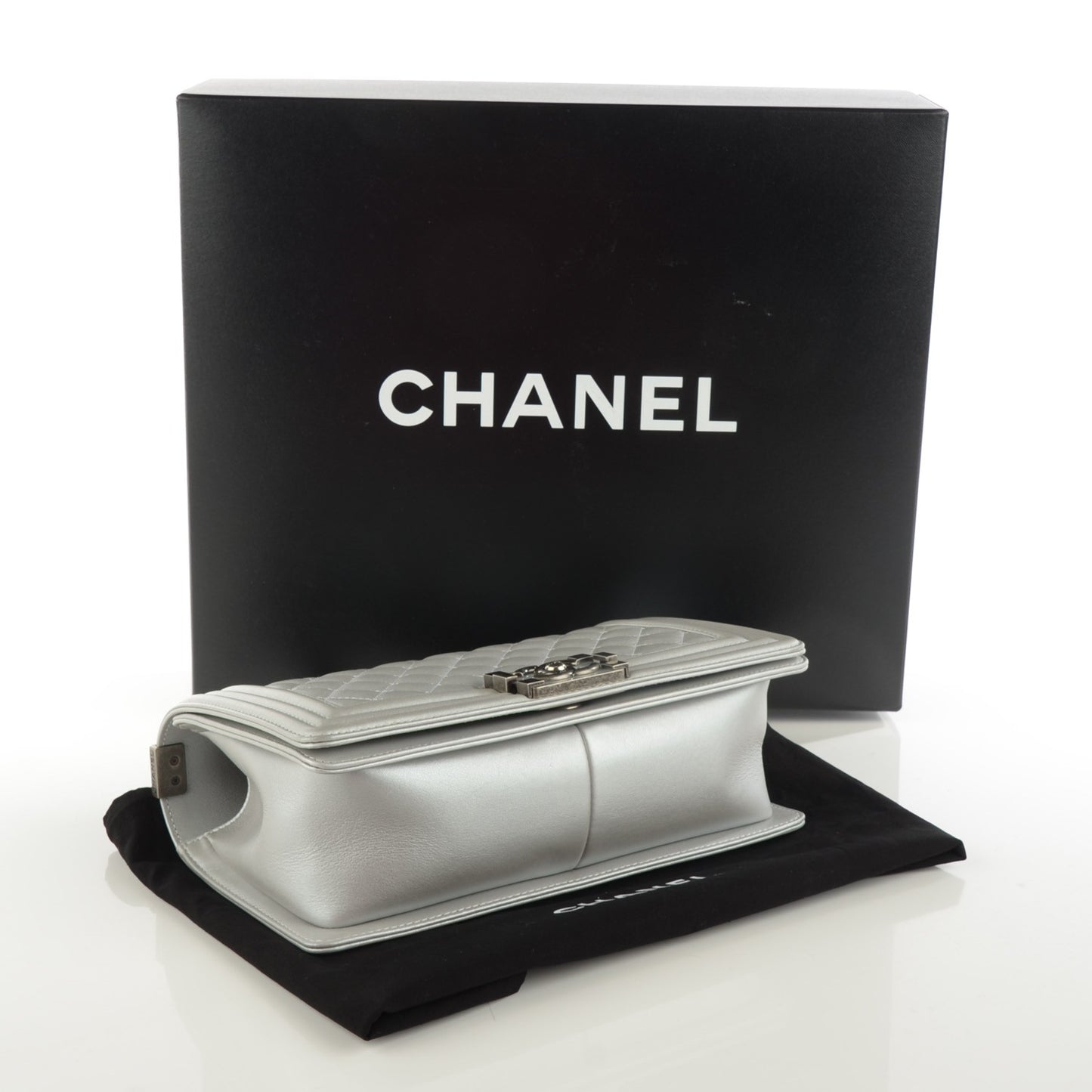 Metallic Calfskin Quilted Medium Boy Flap Silver