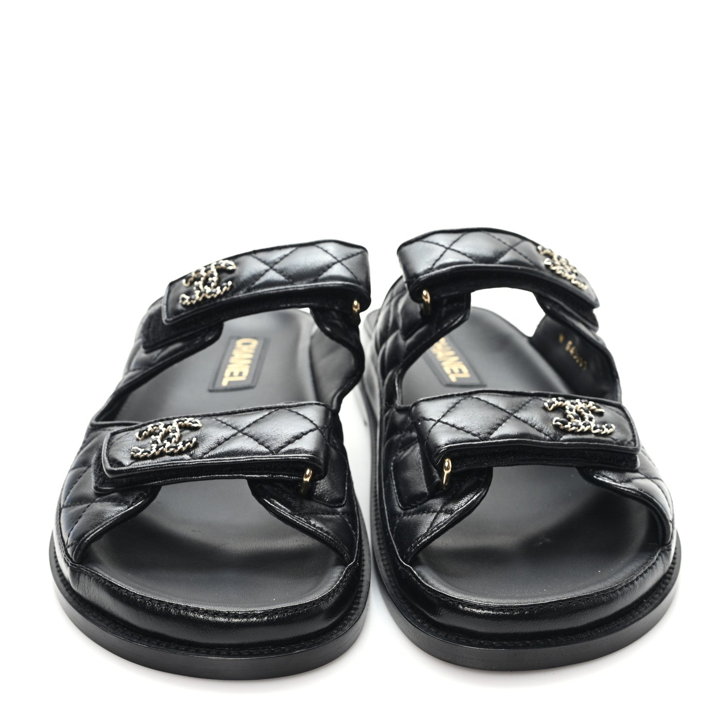 Chanel Lambskin Quilted Velcro Dad Chain CC Slide Sandals 40 Black 3 of 9