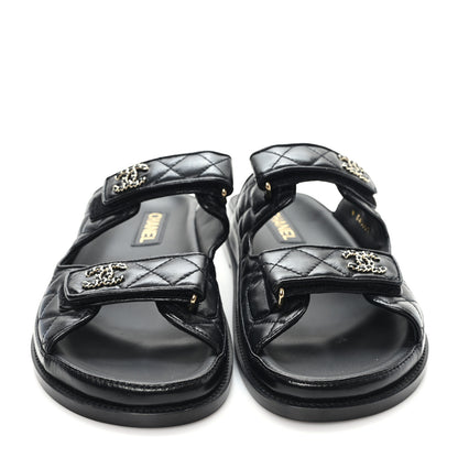 Chanel Lambskin Quilted Velcro Dad Chain CC Slide Sandals 40 Black 3 of 9