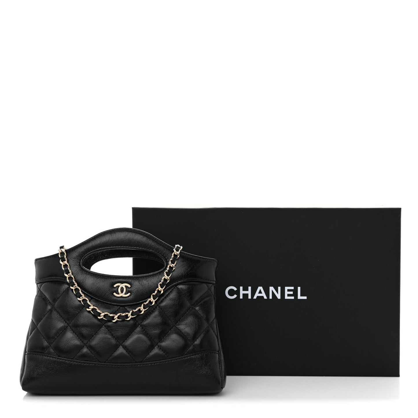 Shiny Crumpled Calfskin Quilted Nano 31 Shopping Bag Black