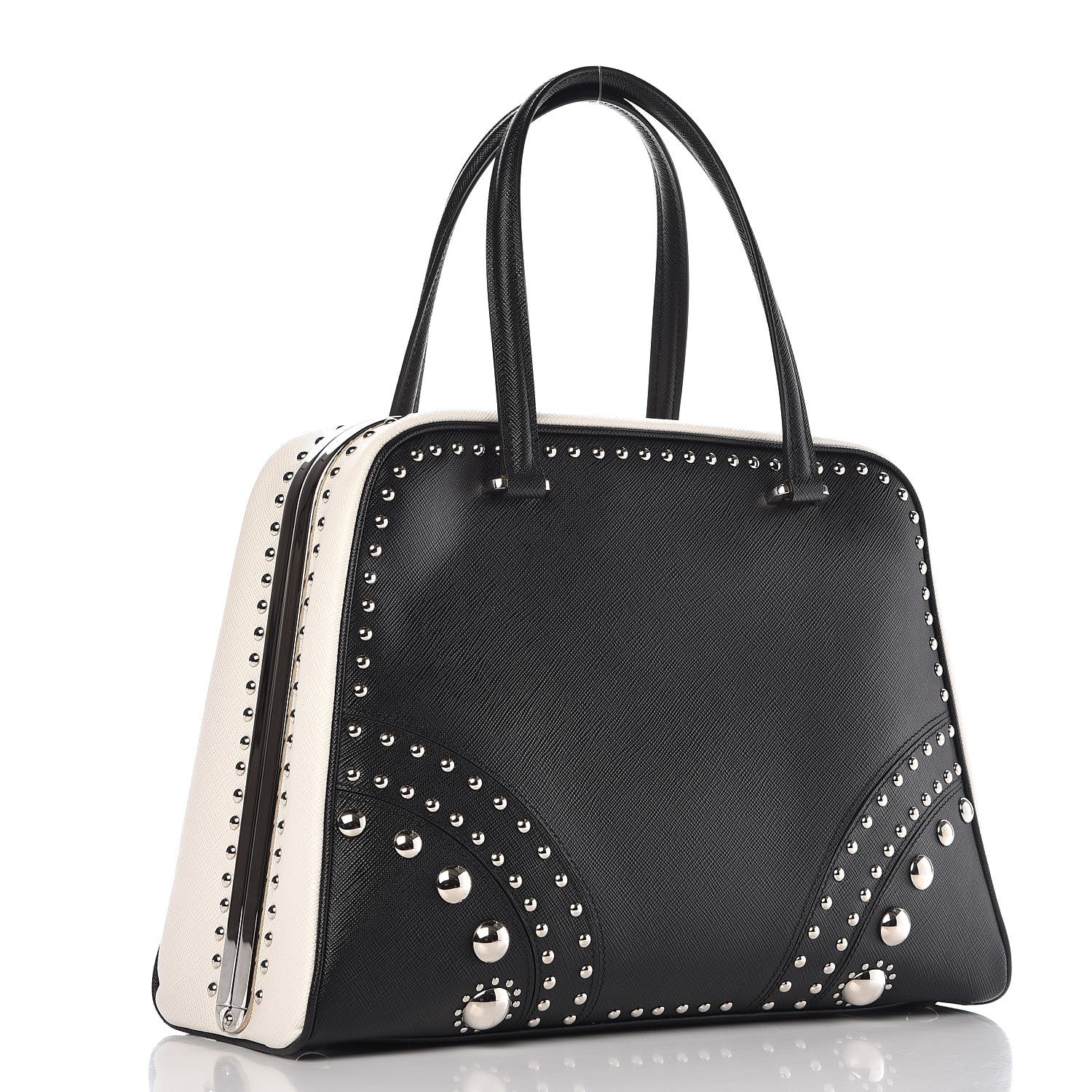 Prada Saffiano Studded Pyramid Bag Black White 3 of 9