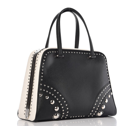 Prada Saffiano Studded Pyramid Bag Black White 3 of 9