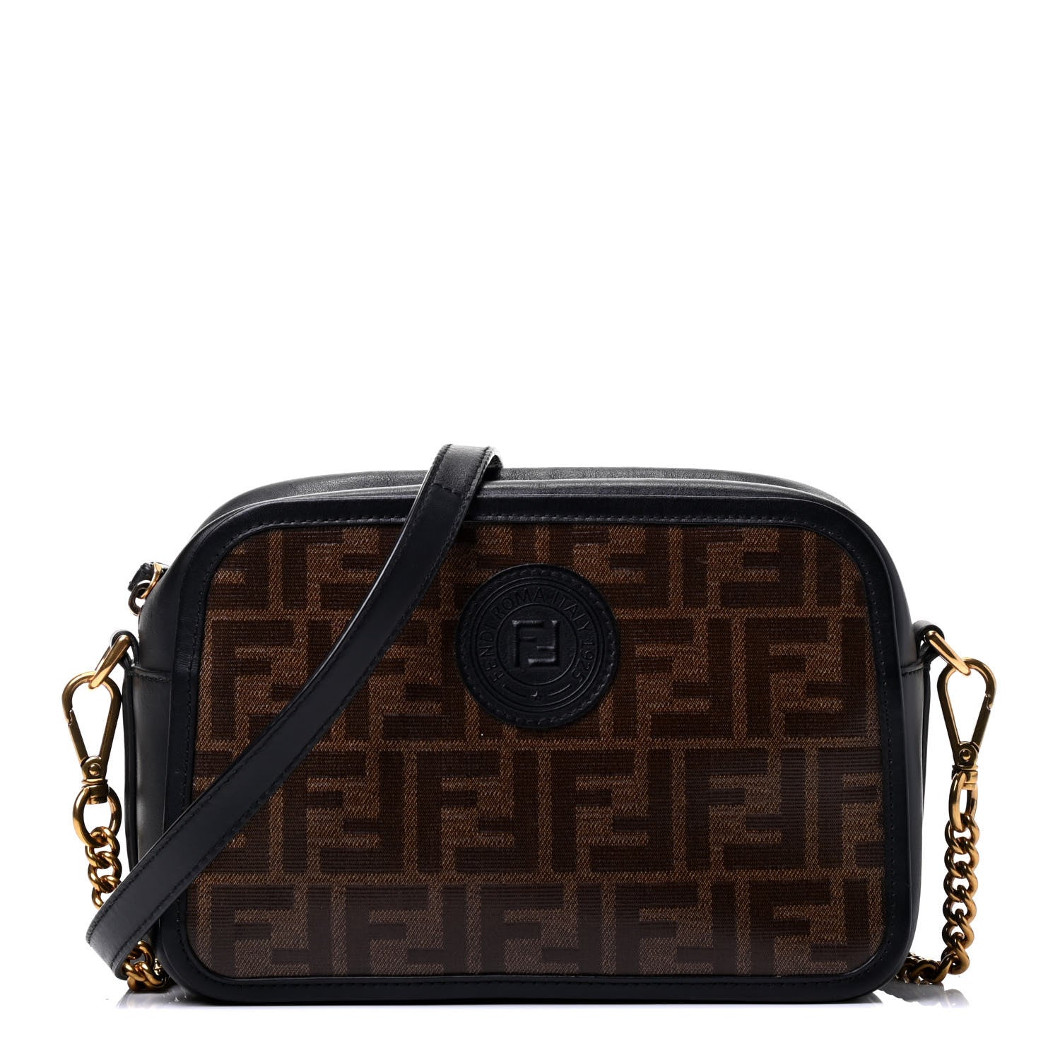Fendi Glazed Fabric Vitello Century FF 1974 Stamp Patch Camera Case Mogano Panna Black 2 of 16