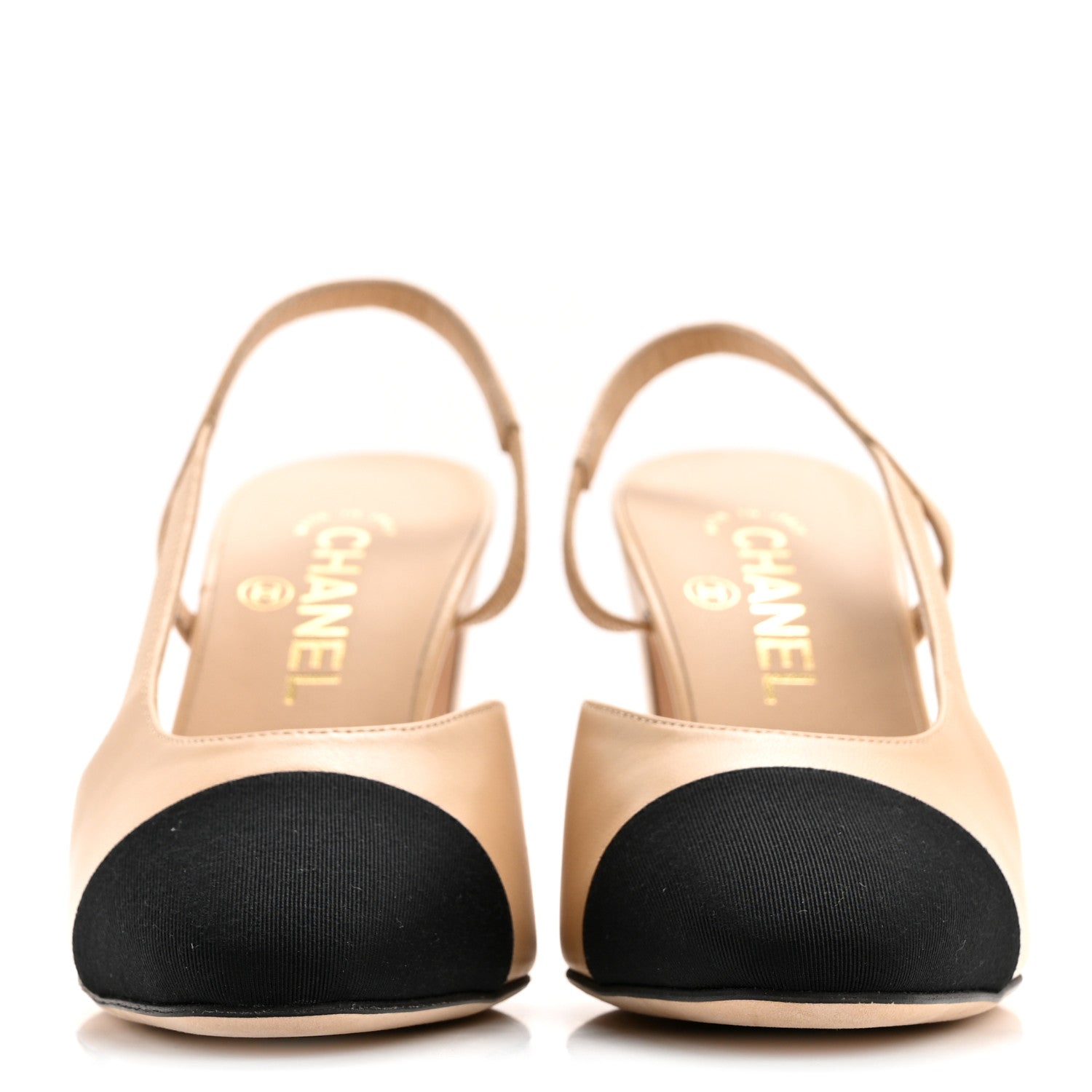 Chanel Lambskin Grosgrain Cap Toe CC Slingback Pumps 37.5 Beige Black 2 of 12