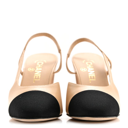 Chanel Lambskin Grosgrain Cap Toe CC Slingback Pumps 37.5 Beige Black 2 of 12