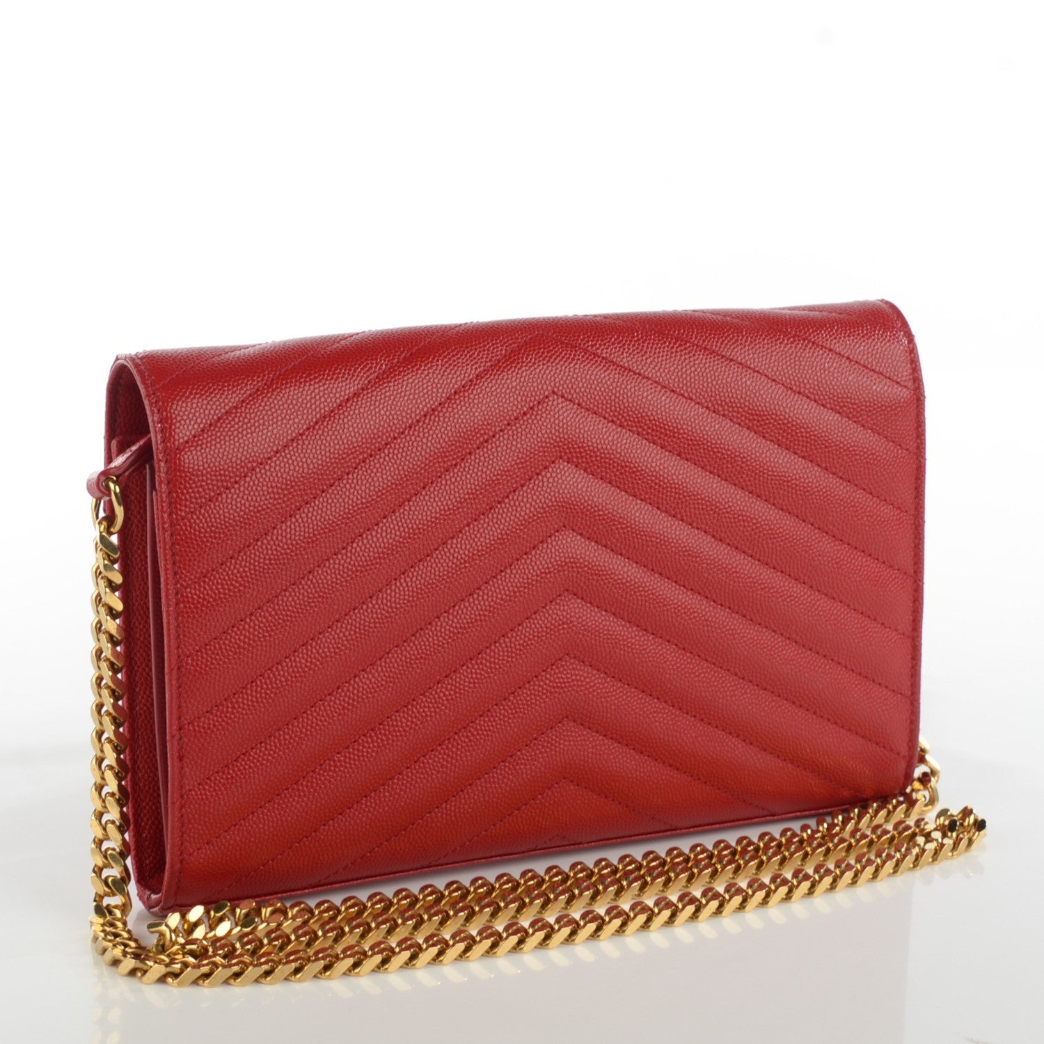 Saint Laurent Grain De Poudre Matelasse Chevron Monogram Chain Wallet Red 3 of 7