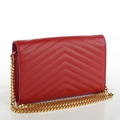 Saint Laurent Grain De Poudre Matelasse Chevron Monogram Chain Wallet Red 3 of 7