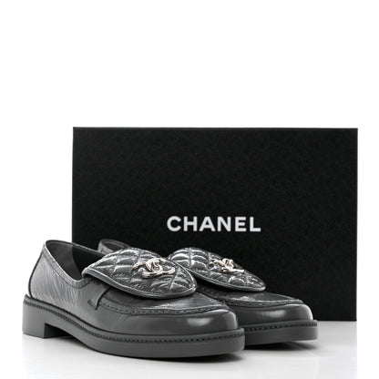 Chanel Crumpled Shiny Lambskin Quilted CC Turnlock Loafers 39.5 Dark Grey 9 of 9
