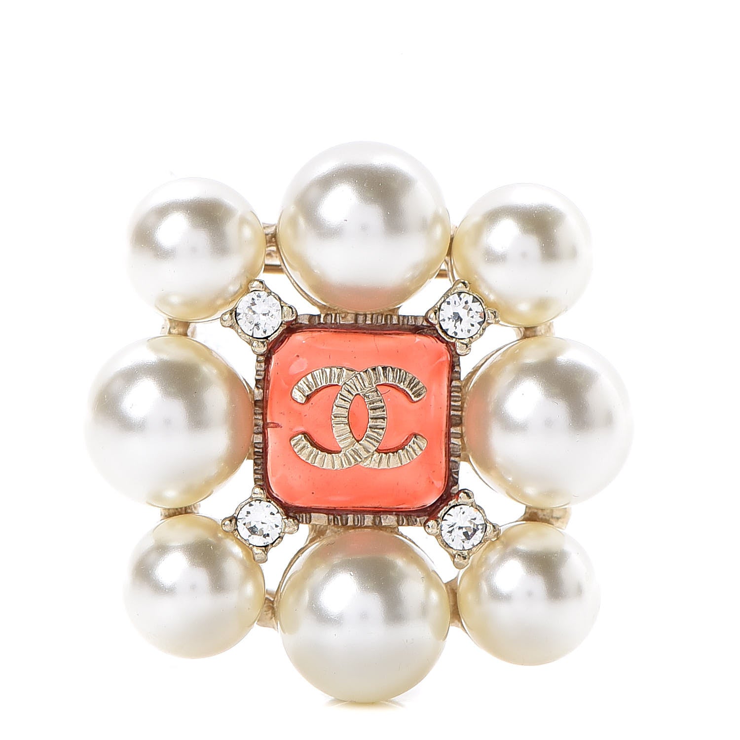 Chanel Pearl Resin Crystal CC Brooch Gold 1 of 5