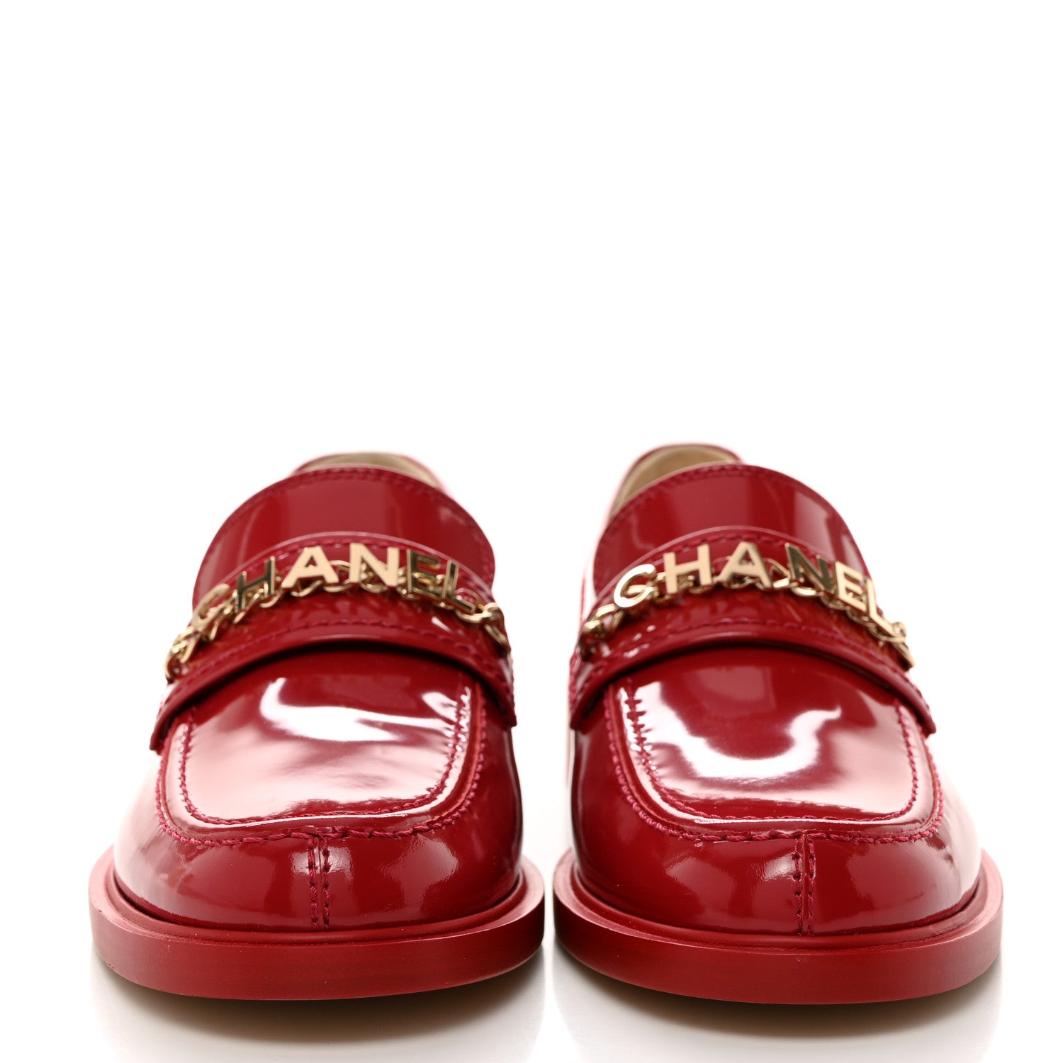 Chanel Shiny Calfskin Logo Loafers 40 Red 2 of 9