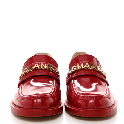 Chanel Shiny Calfskin Logo Loafers 40 Red 2 of 9