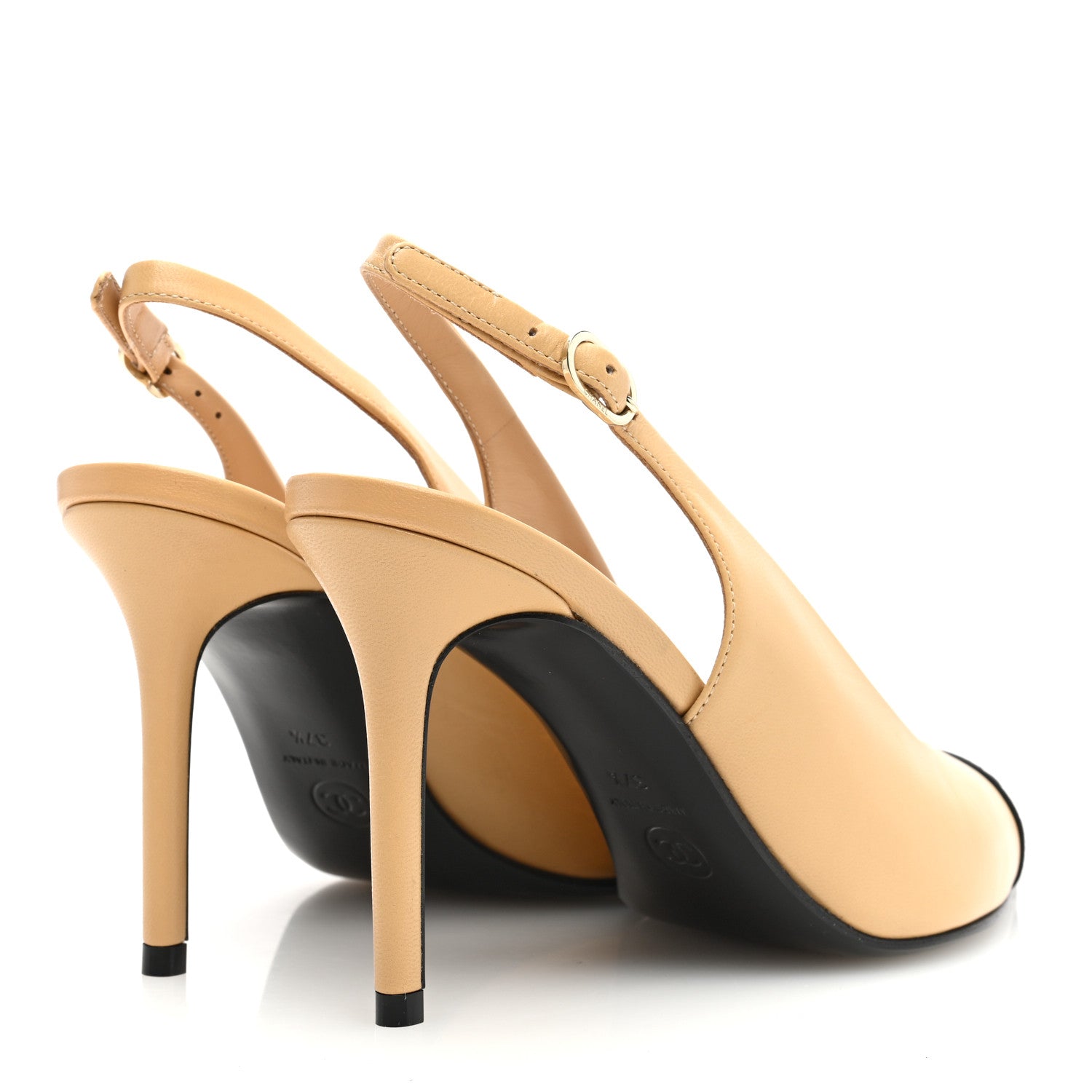 Chanel Goatskin Grosgrain Pointed Cap Toe CC Slingback Pumps 37.5 Beige Black 4 of 8