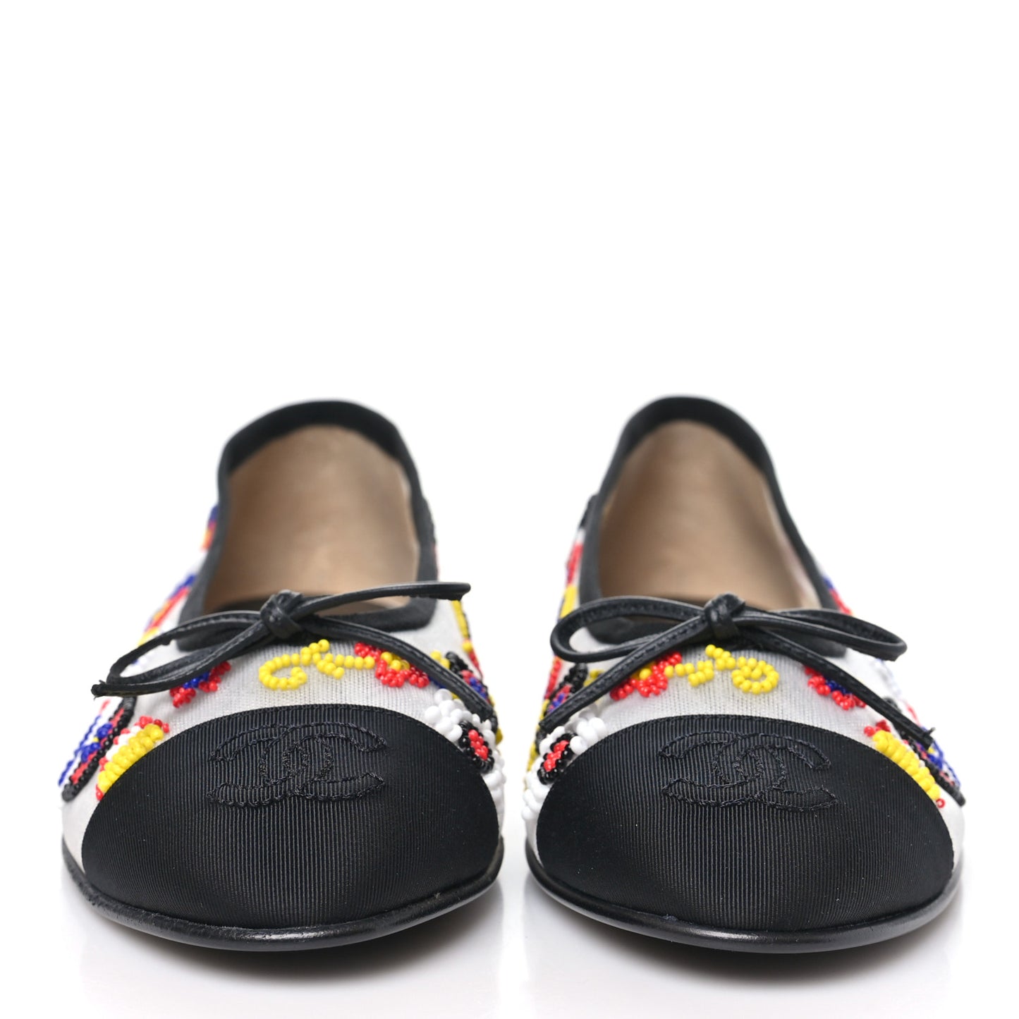 Mesh Pearl Grosgrain Cap Toe CC Coco Beach Ballerina Flats 37.5 Multicolor Black