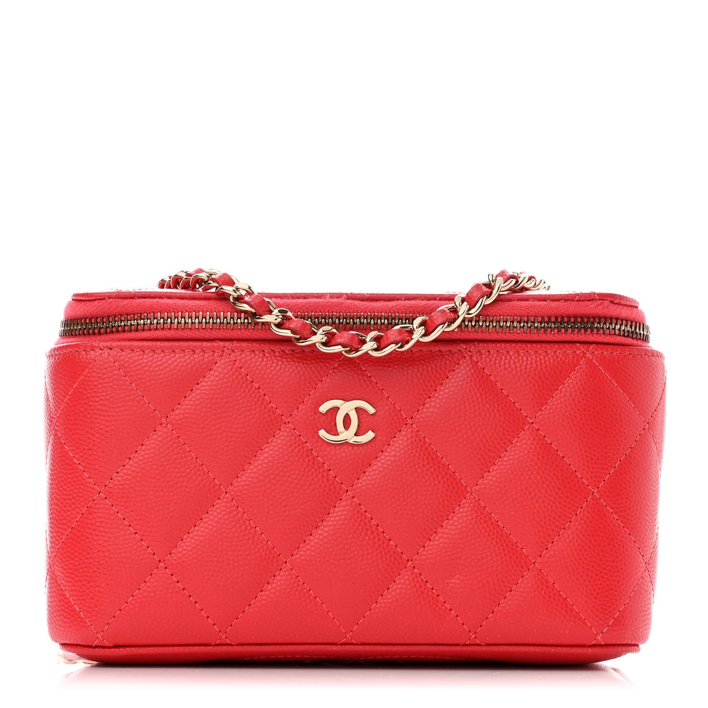 Caviar Quilted Small Vanity Case With Chain Red