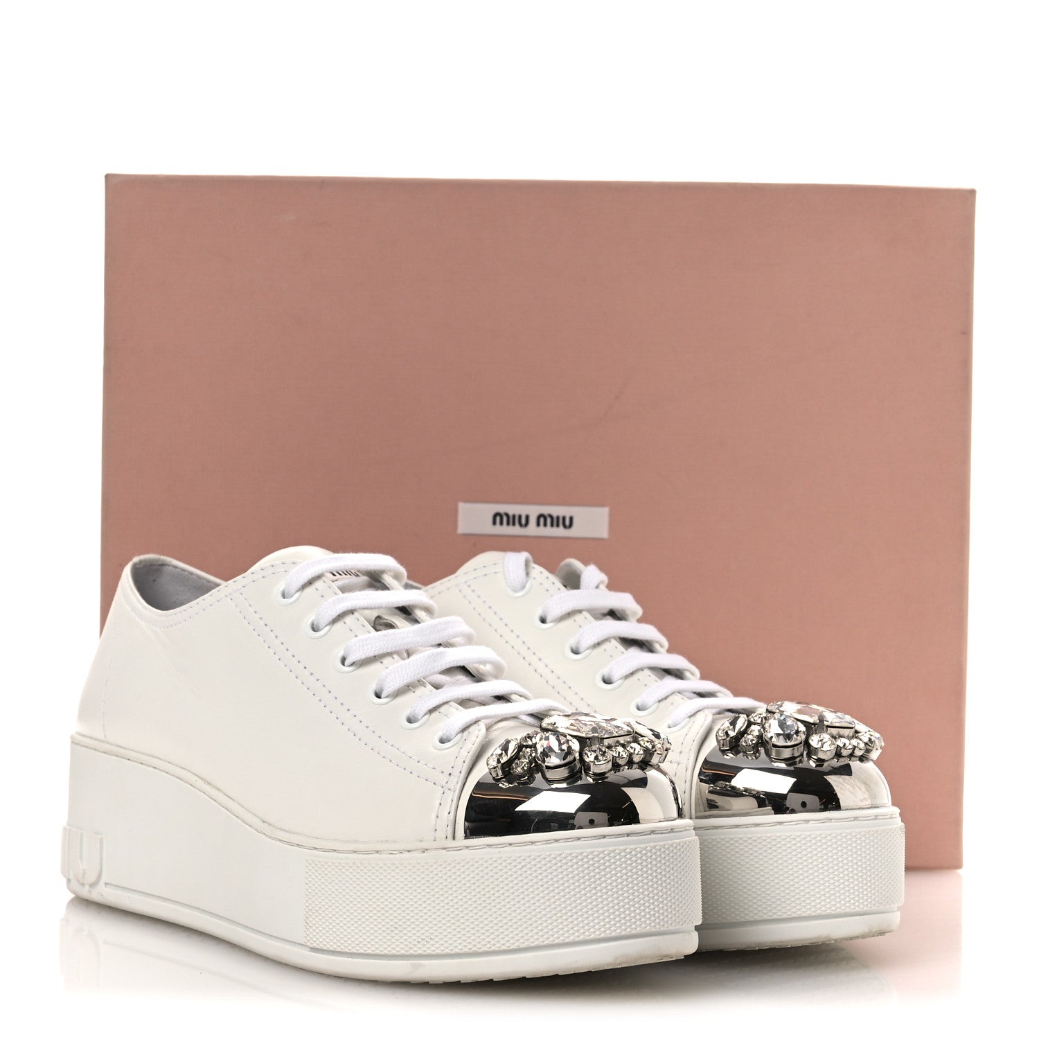 み*様 miumiu ホワイト クラック加工スニーカー クリスタル付き Miu Miu Naplak Crystal Low Top Platform Sneakers 40 White 1830746