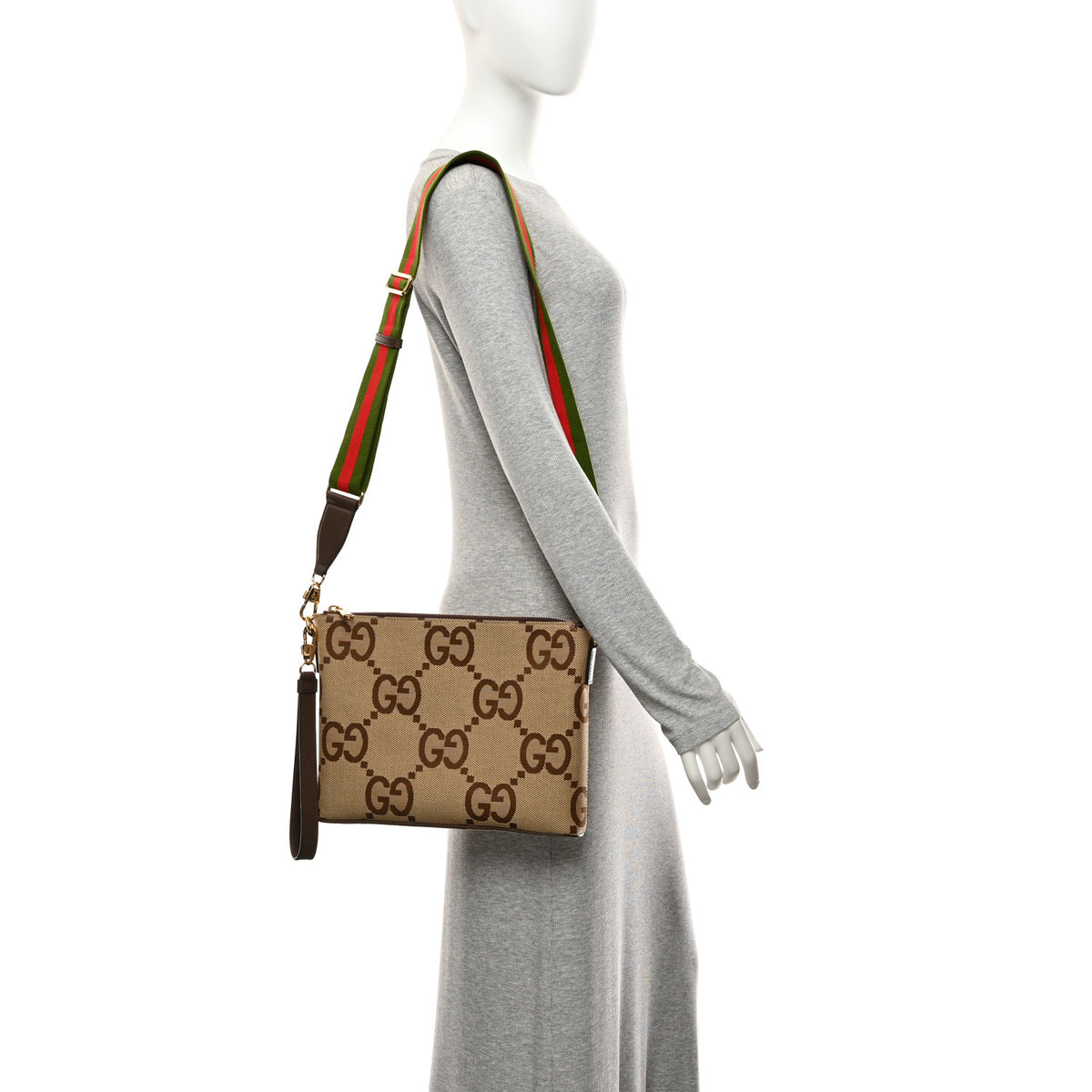 Gucci Monogram Jumbo GG Textured Dollar Calfskin Web Wristlet Messenger Bag Camel Ebony New Acero 2 of 11