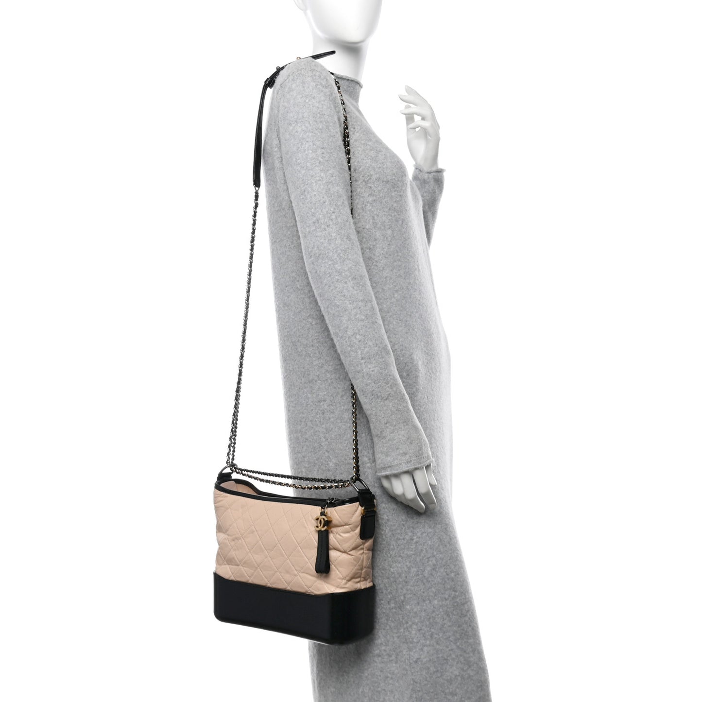 Aged Calfskin Quilted Medium Gabrielle Hobo Beige Black