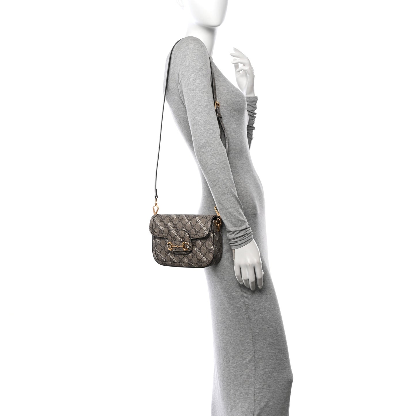 X BALENCIAGA GG Supreme Monogram Web Logo Print Mini Horsebit 1955 Shoulder Bag Beige Ebony