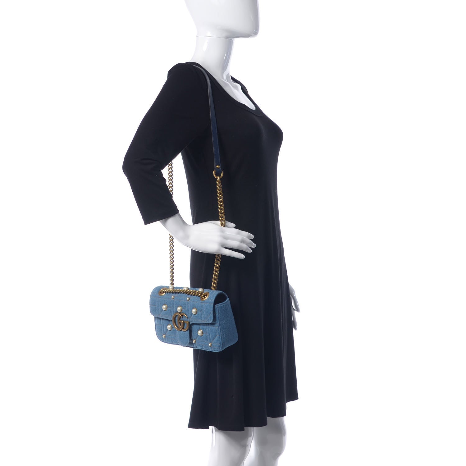 Gucci Denim Matelasse Pearl Studded Mini GG Marmont Shoulder Bag Blue 2 of 9