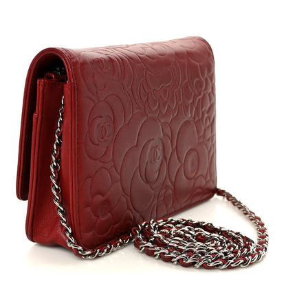 Chanel Lambskin Camellia Embossed Wallet on Chain WOC Red 3 of 11