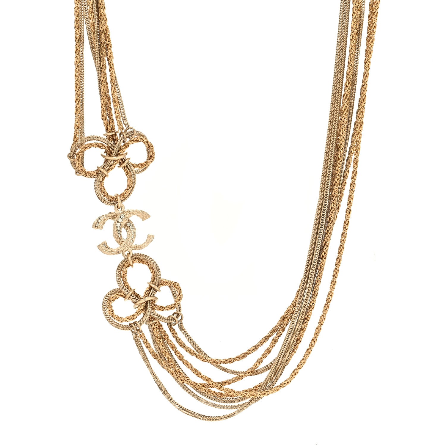 Chanel Multi Strand Chain Baguette Crystal CC Necklace Gold 1 of 5